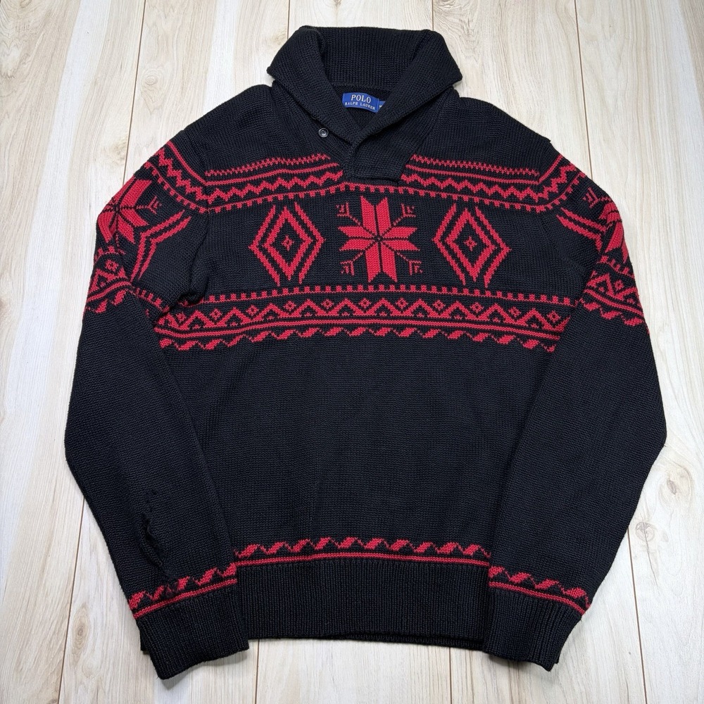 Ralph Lauren Shawl Collar Sweater Mens Med Black Red Nordic Fair Isle Snowflake